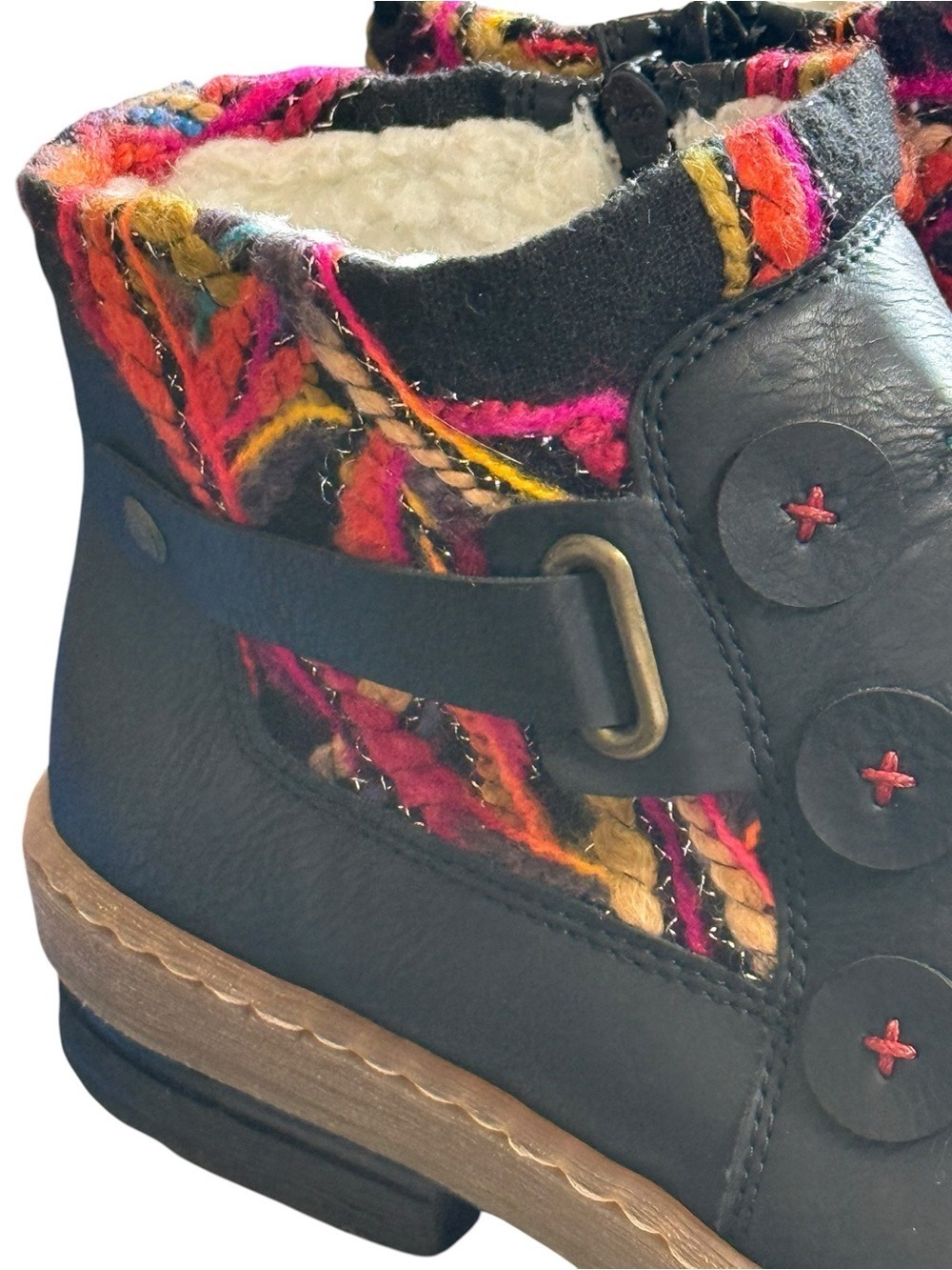 Rieker Black Leather Ankle Boots Faux Fur Lined Colorful Stitching US 11 NWT - Picture 3 of 13